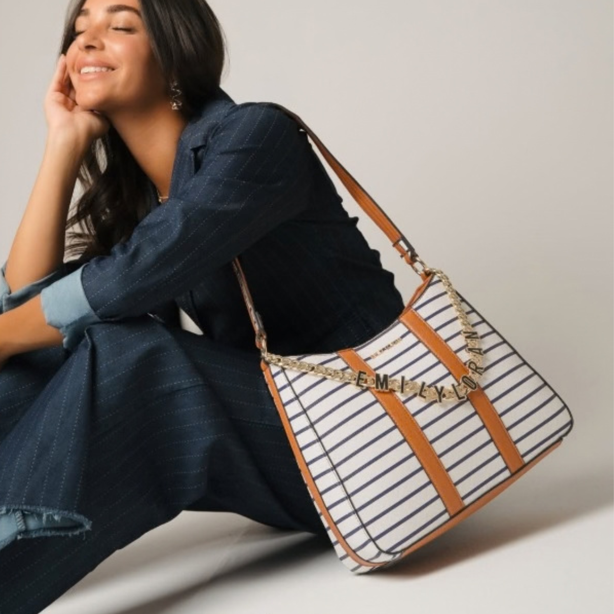 Helene Striped Hobo Shoulder Bag with Logo Chain