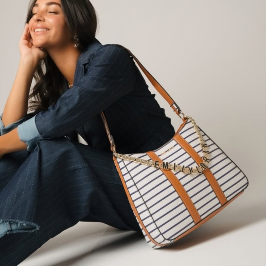 Helene Striped Hobo Shoulder Bag with Logo Chain