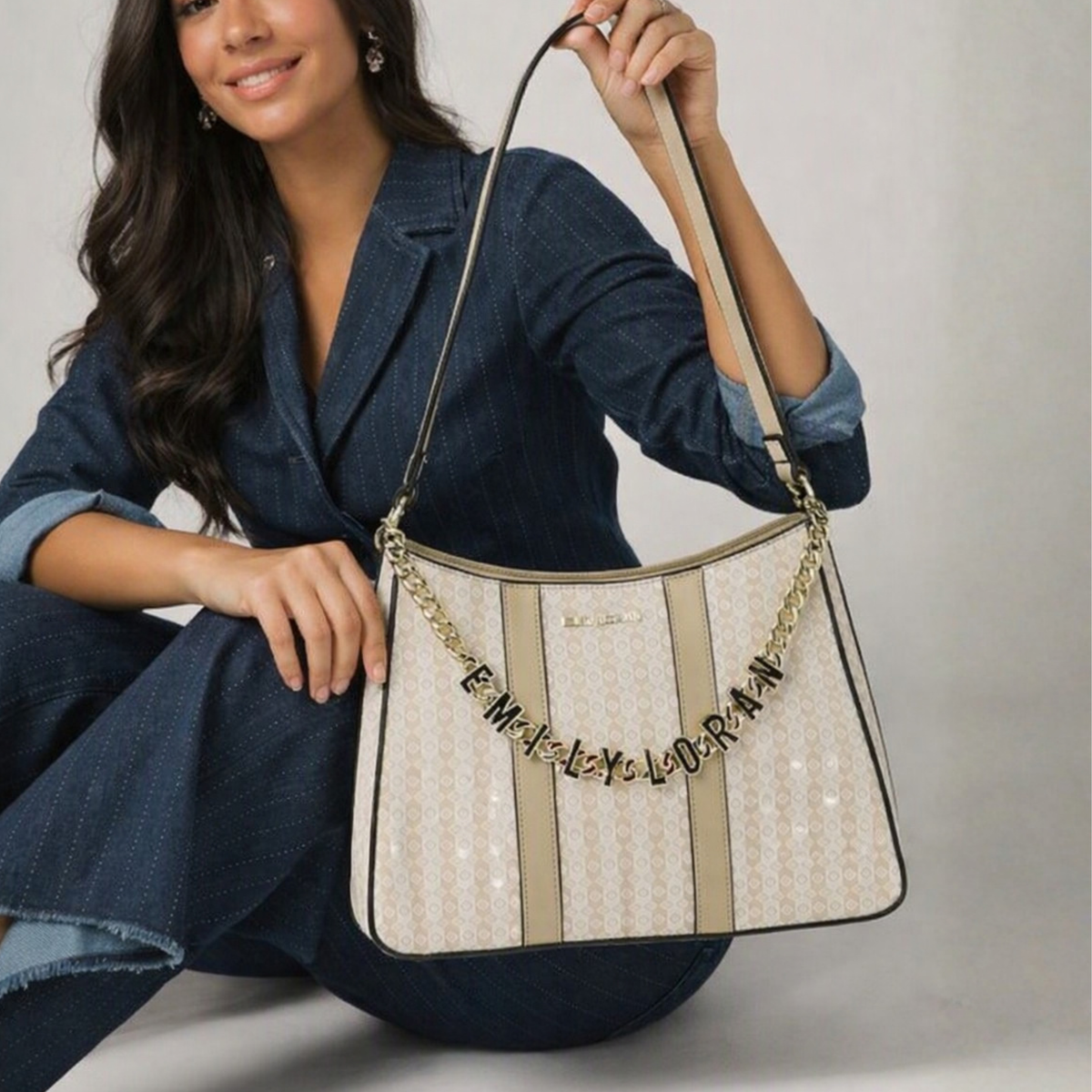 Helene Hobo Shoulder Bag with Logo Chain in Beige