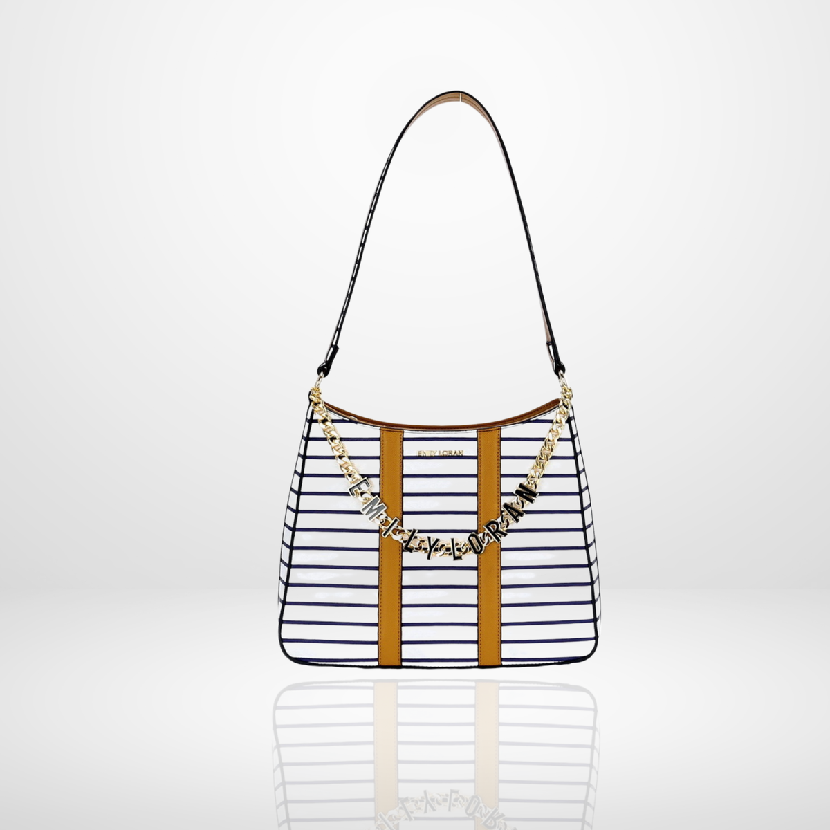 Helene Striped Hobo Shoulder Bag with Logo Chain