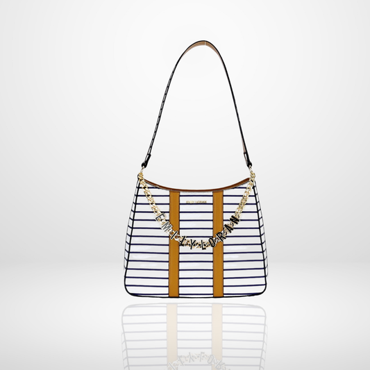 Helene Striped Hobo Shoulder Bag with Logo Chain