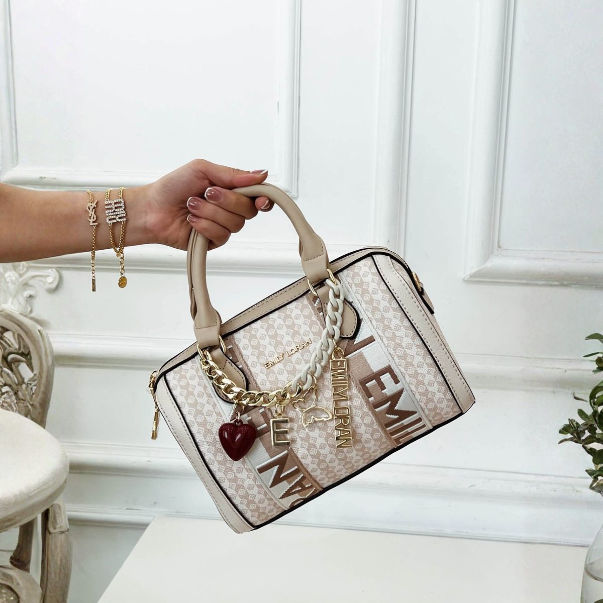 Faith Charm Top Handle Beige Bowling Bag with Strap