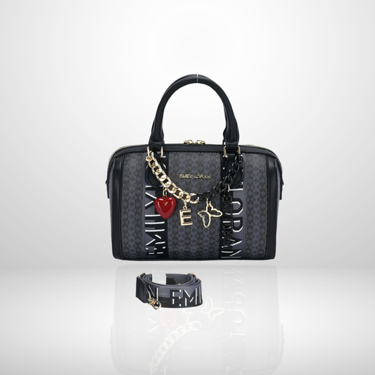 Faith Charm Top Handle Beige Bowling Bag with Strap