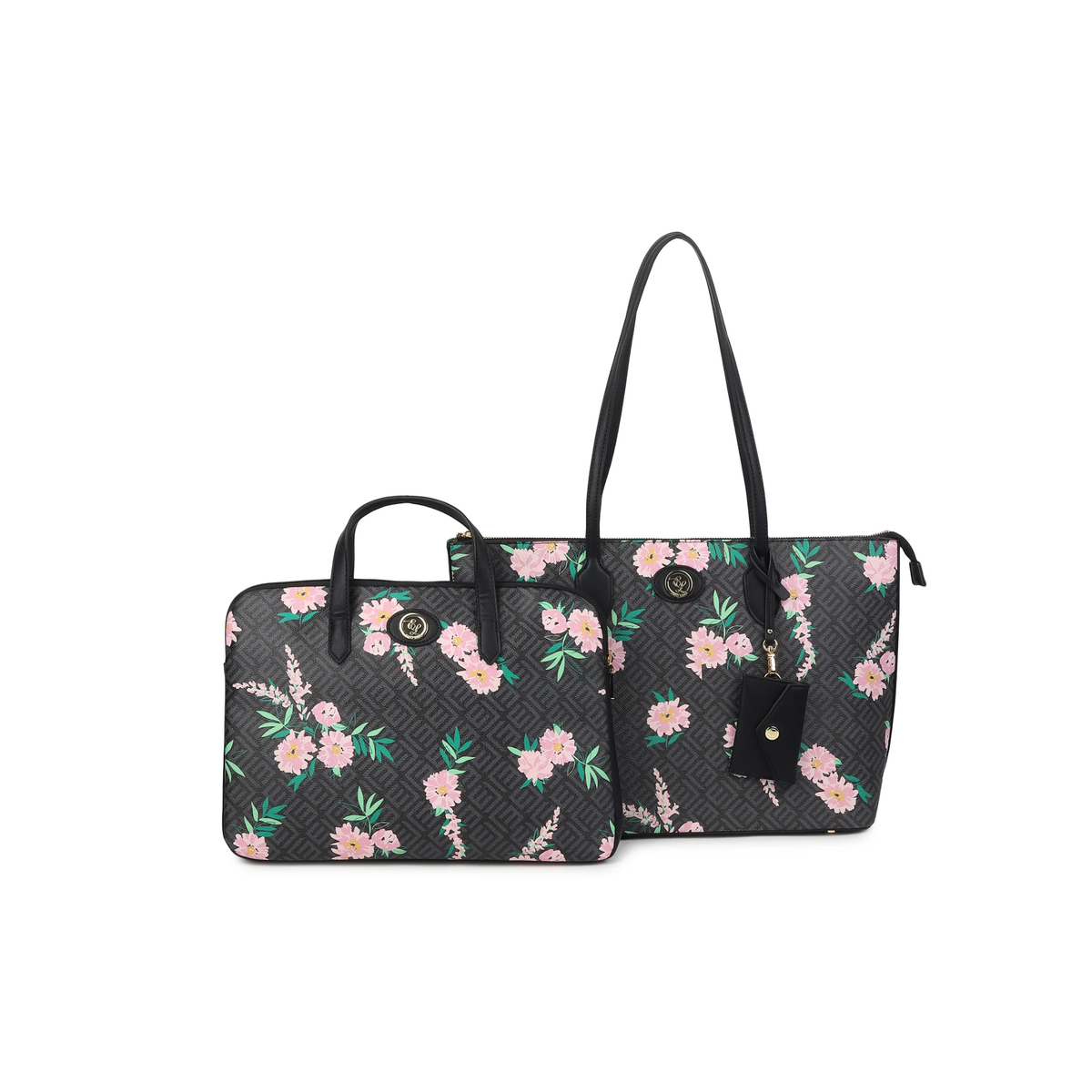 Sara Black Floral Tote & Laptop Case Set