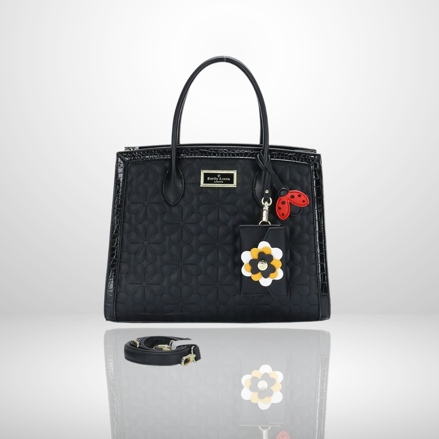Lucy Embroidered Satchel Tote Bag with Flower Charm