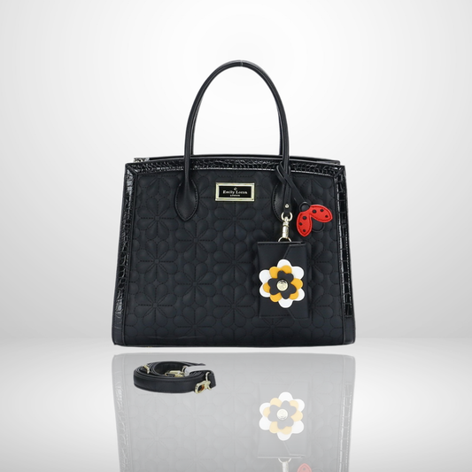 Lucy Embroidered Satchel Tote Bag with Flower Charm