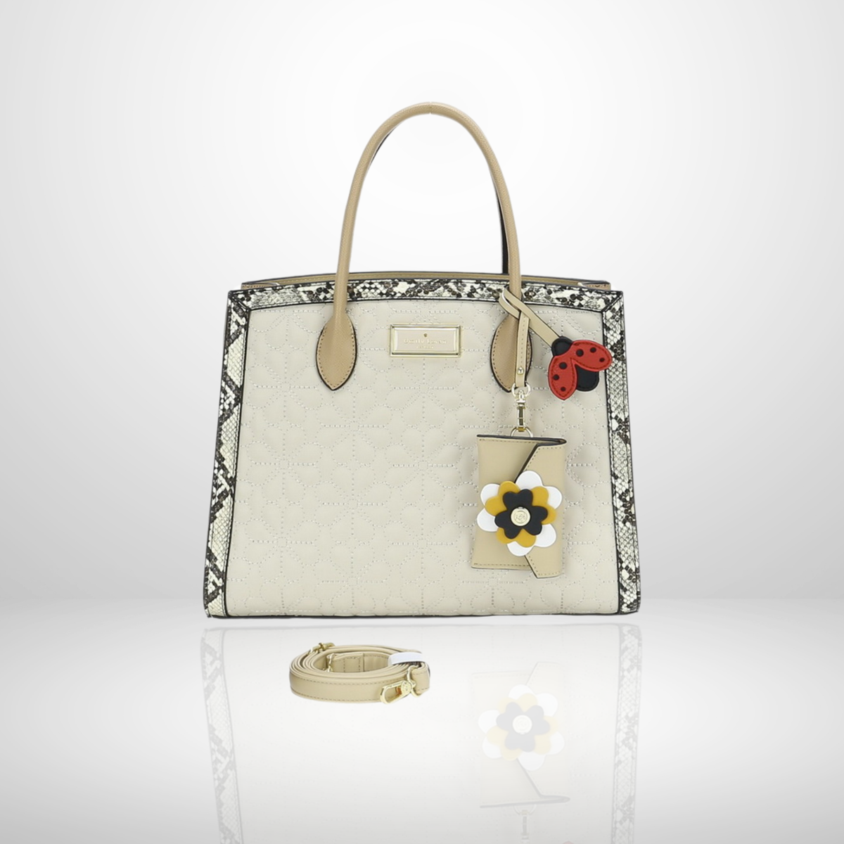 Lucy Black Embroidered Satchel Tote Bag with Flower Pouch