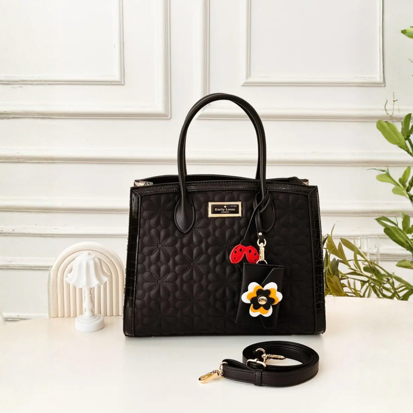 Lucy Black Embroidered Satchel Tote Bag with Flower Pouch