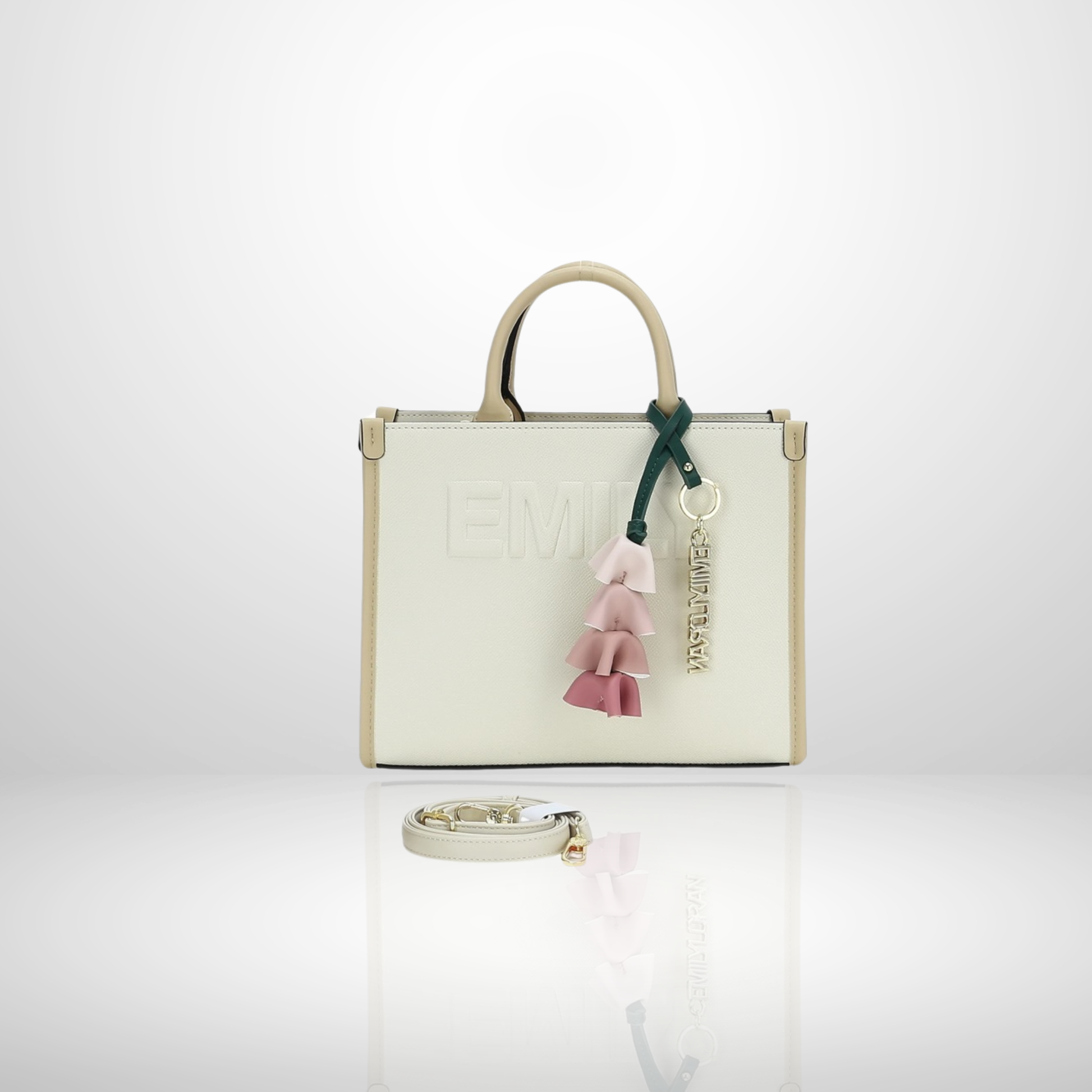 Elegant women's structured tote bag with embossed front logo, floral tassel keychain charm, top handles, and detachable shoulder strap, available in beige.
