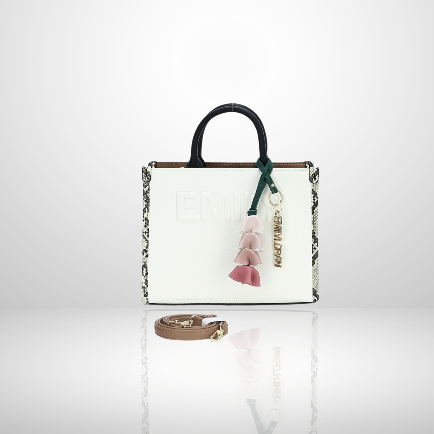 Elegant women's structured tote bag with embossed front logo, floral tassel keychain charm, top handles, and detachable shoulder strap, available in tan.