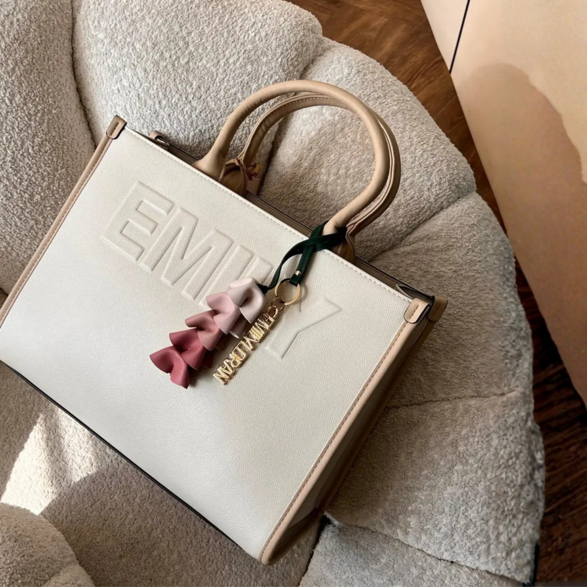 Olivia Beige Structured Tote Bag with Detachable Strap & Floral Tassel Charm