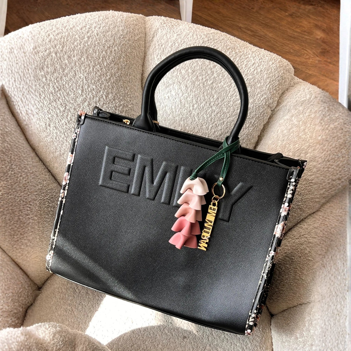 Olivia Black Structured Tote Bag with Detachable Strap & Floral Tassel Charm