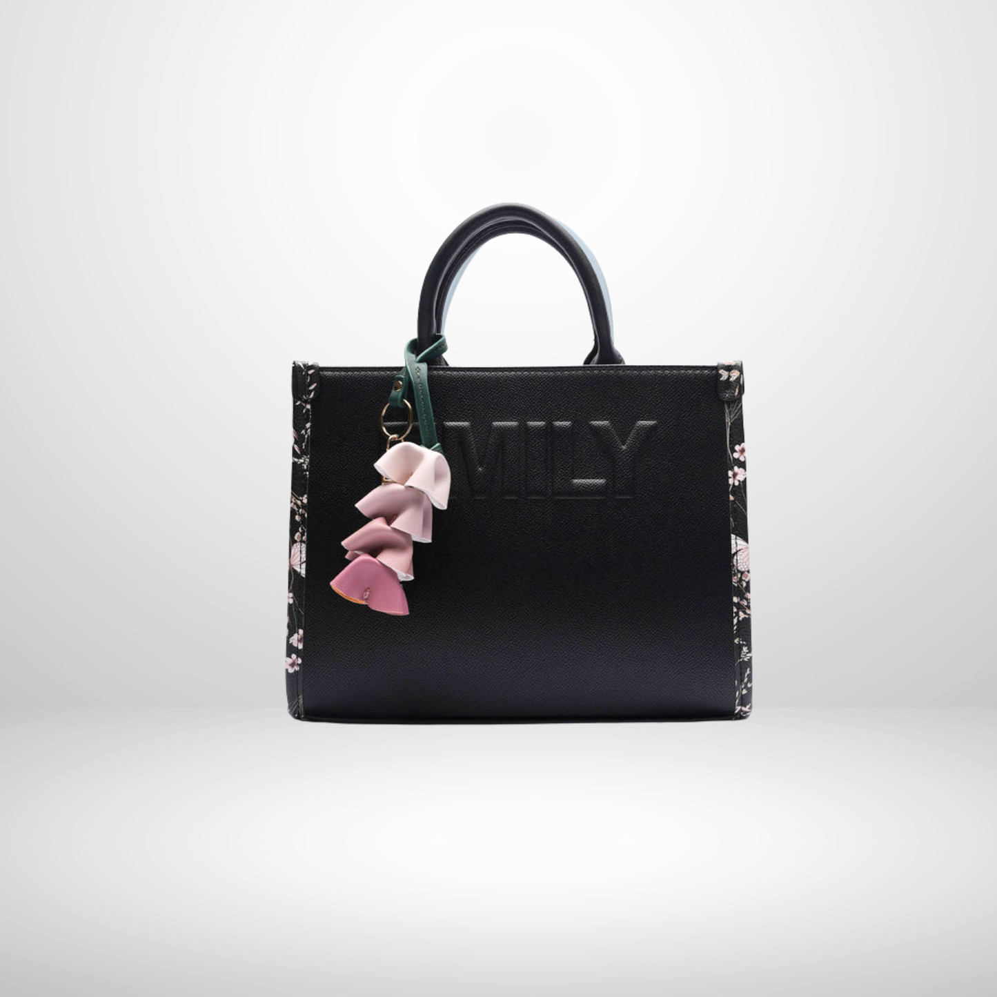 Olivia Black Structured Tote Bag with Detachable Strap & Floral Tassel Charm