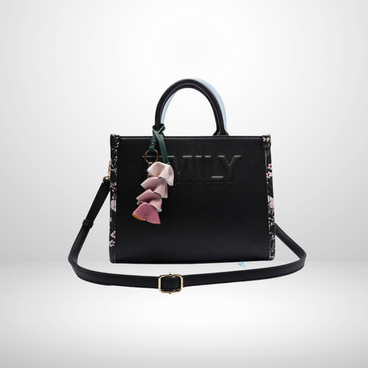 Olivia Black Structured Tote Bag with Detachable Strap & Floral Tassel Charm