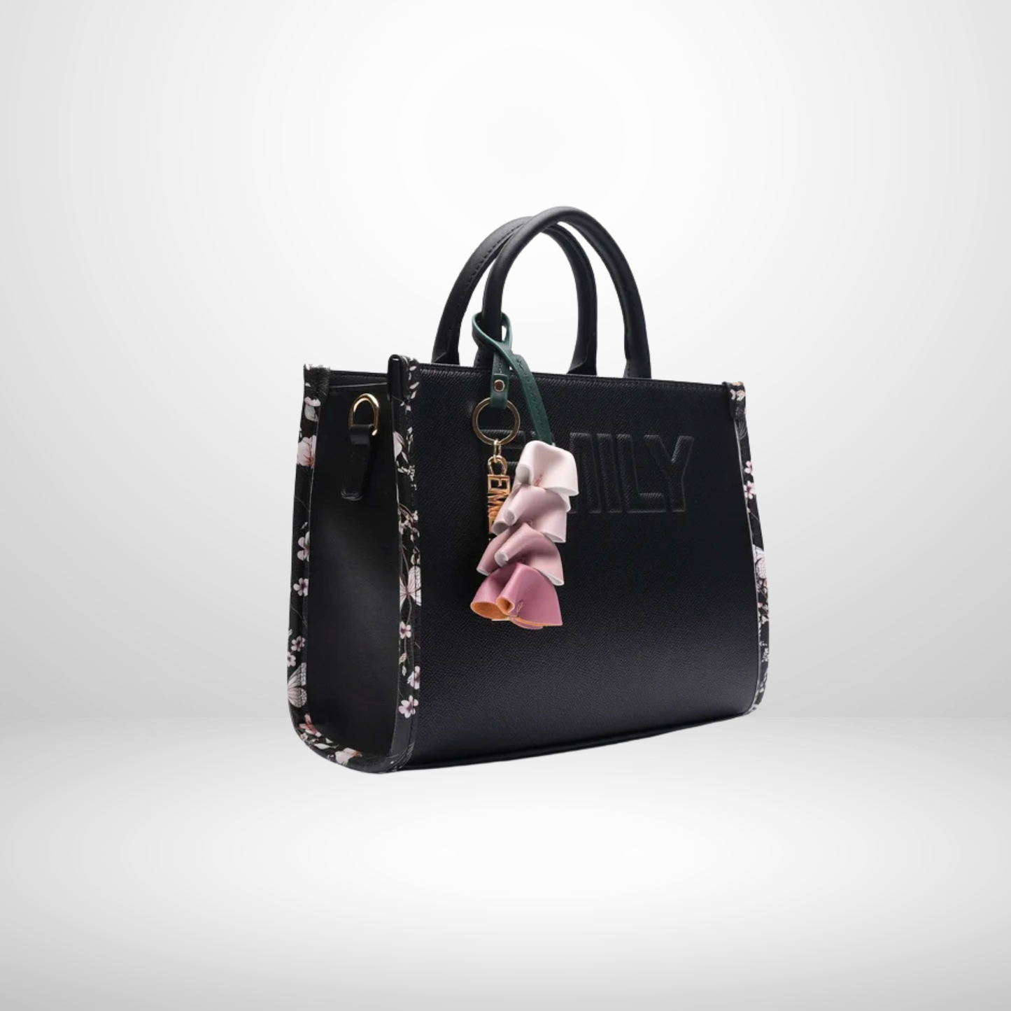 Olivia Black Structured Tote Bag with Detachable Strap & Floral Tassel Charm
