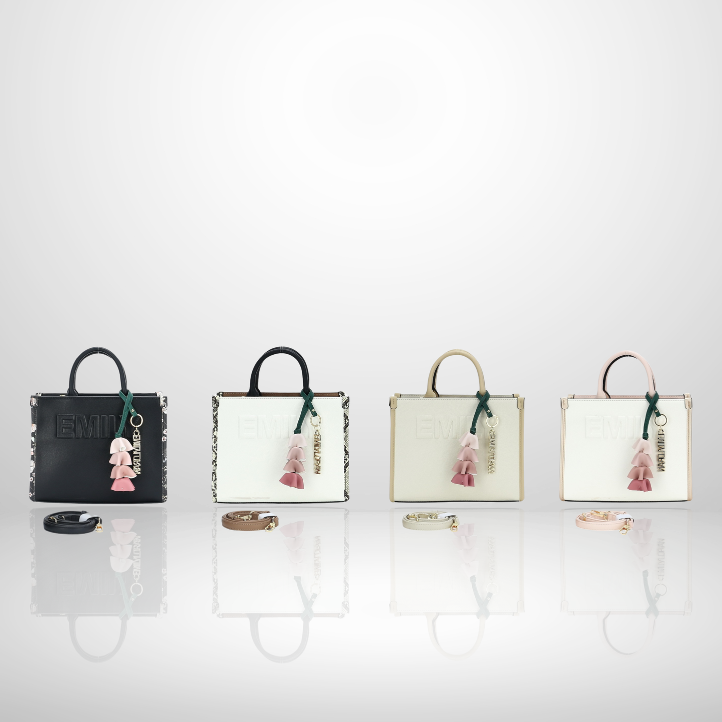Structured Tote Bag with Detachable Strap & Floral Tassel Charm