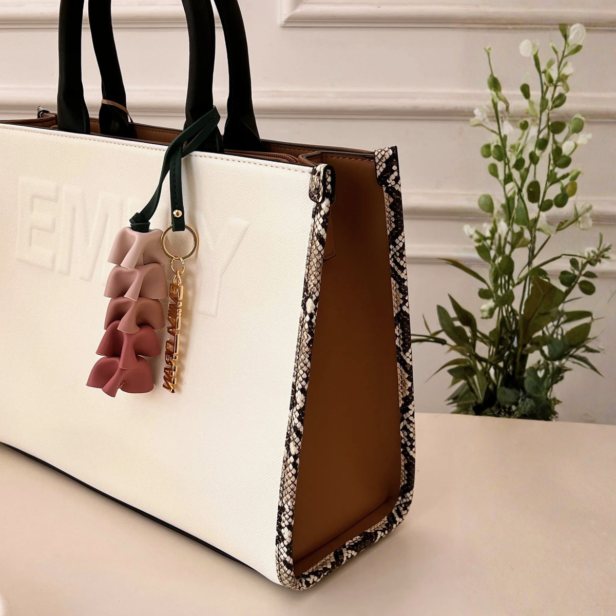 Olivia Structured Tan Tote Bag with Detachable Strap & Floral Tassel Charm