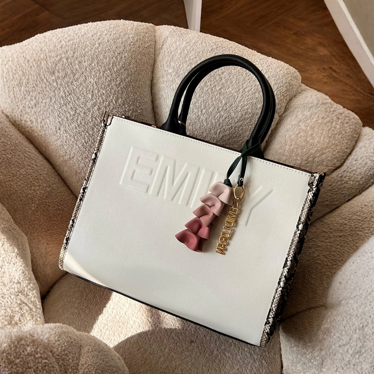 Olivia Structured Tan Tote Bag with Detachable Strap & Floral Tassel Charm