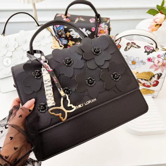 Belle Black Appliqué Floral Top Handle Bag