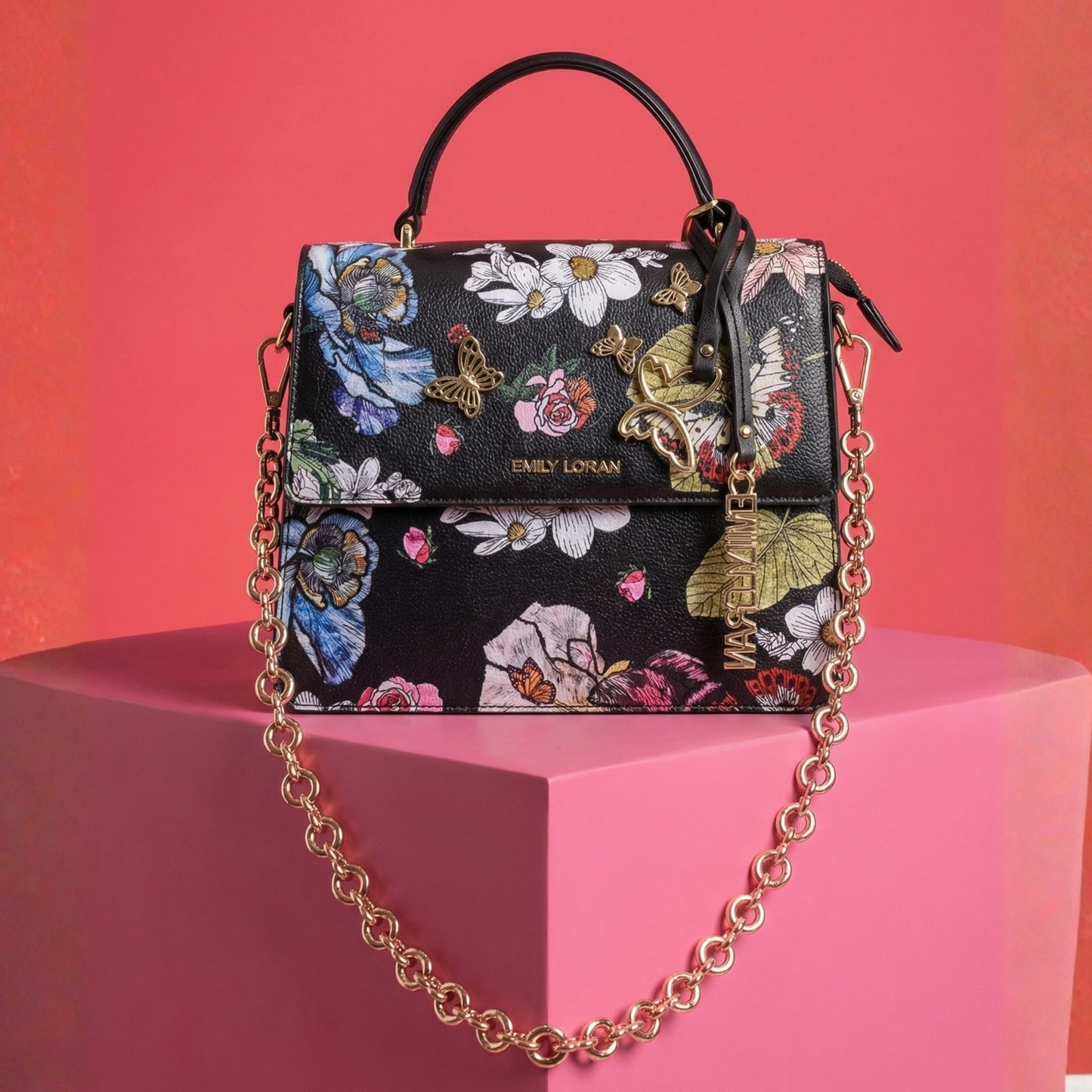Belle Black Floral Top Handle Bag