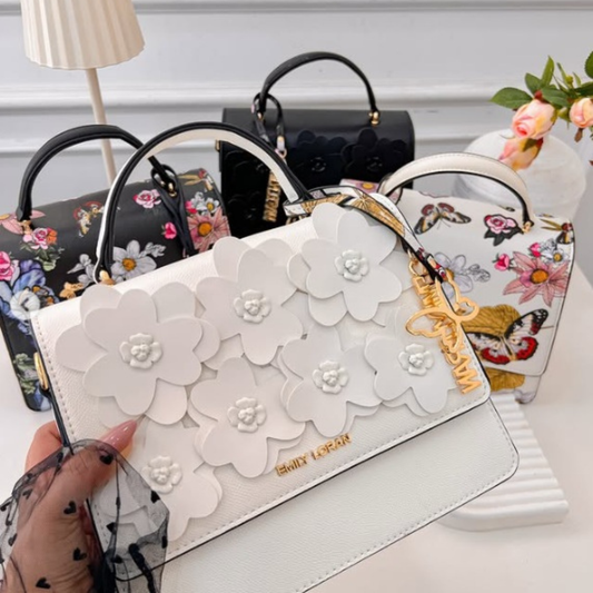 Belle White Appliqué Floral Top Handle Bag