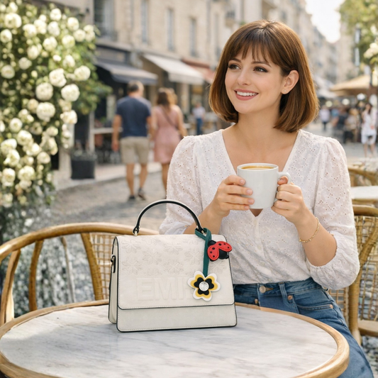 Inez White Floral Embroidered Top Handle Bag