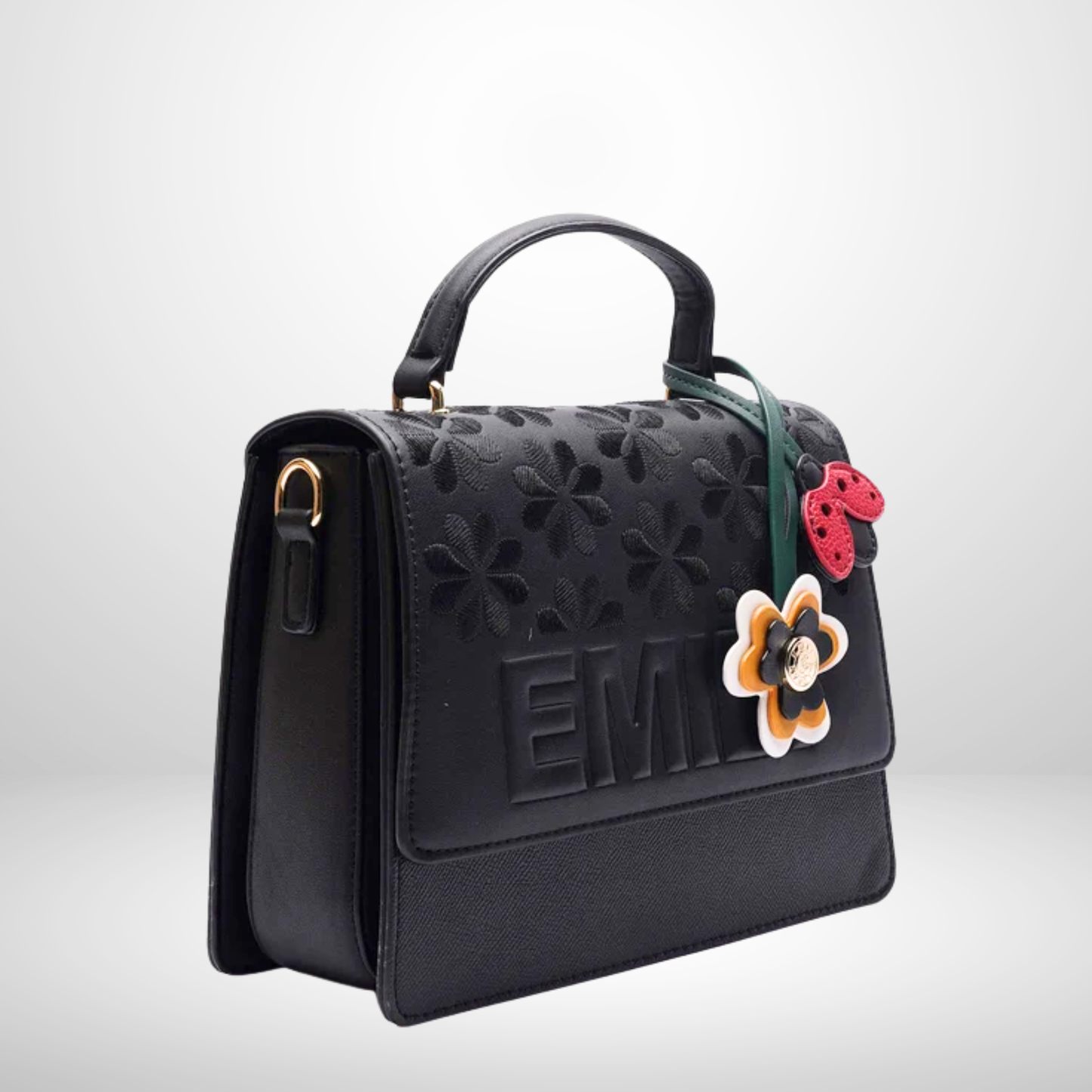 Inez Black Floral Embroidered Top Handle Bag