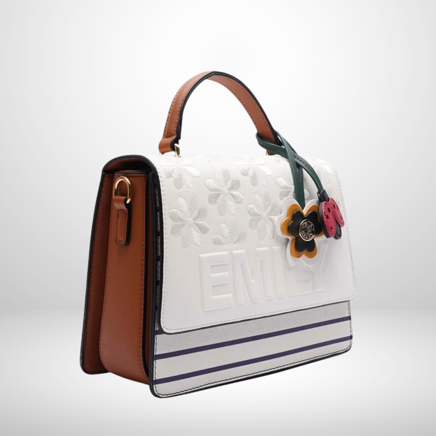 Inez White Stripe & Floral Embroidered Top Handle Bag