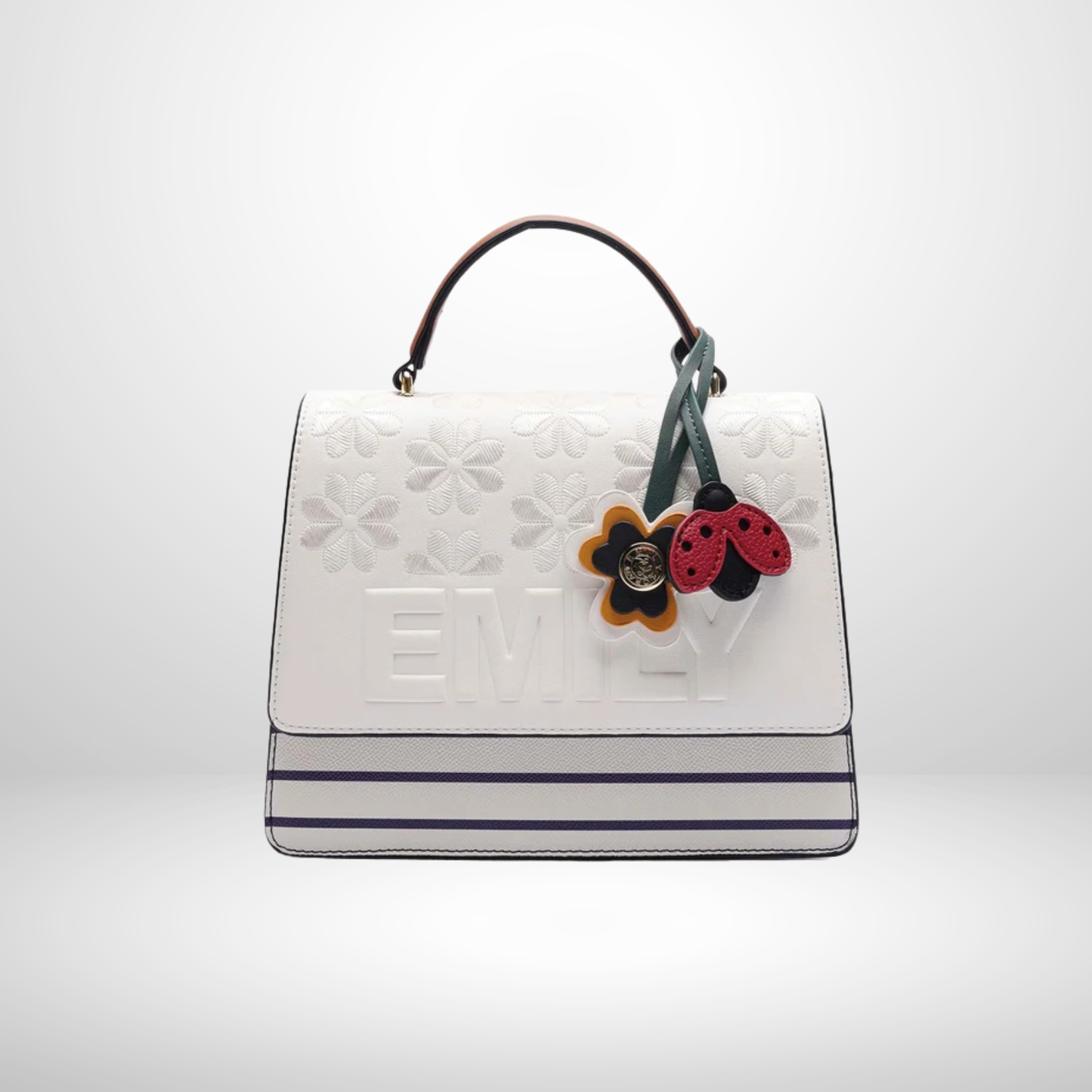 Inez White Stripe & Floral Embroidered Top Handle Bag