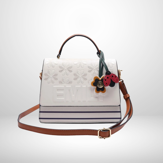 Inez White Stripe & Floral Embroidered Top Handle Bag