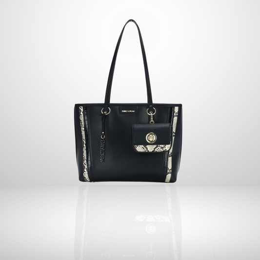 Structured women’s tote bag with contrast details and mini pouch.
