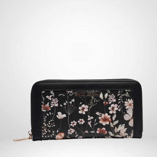 Black Floral Zip Around Wallet Purse