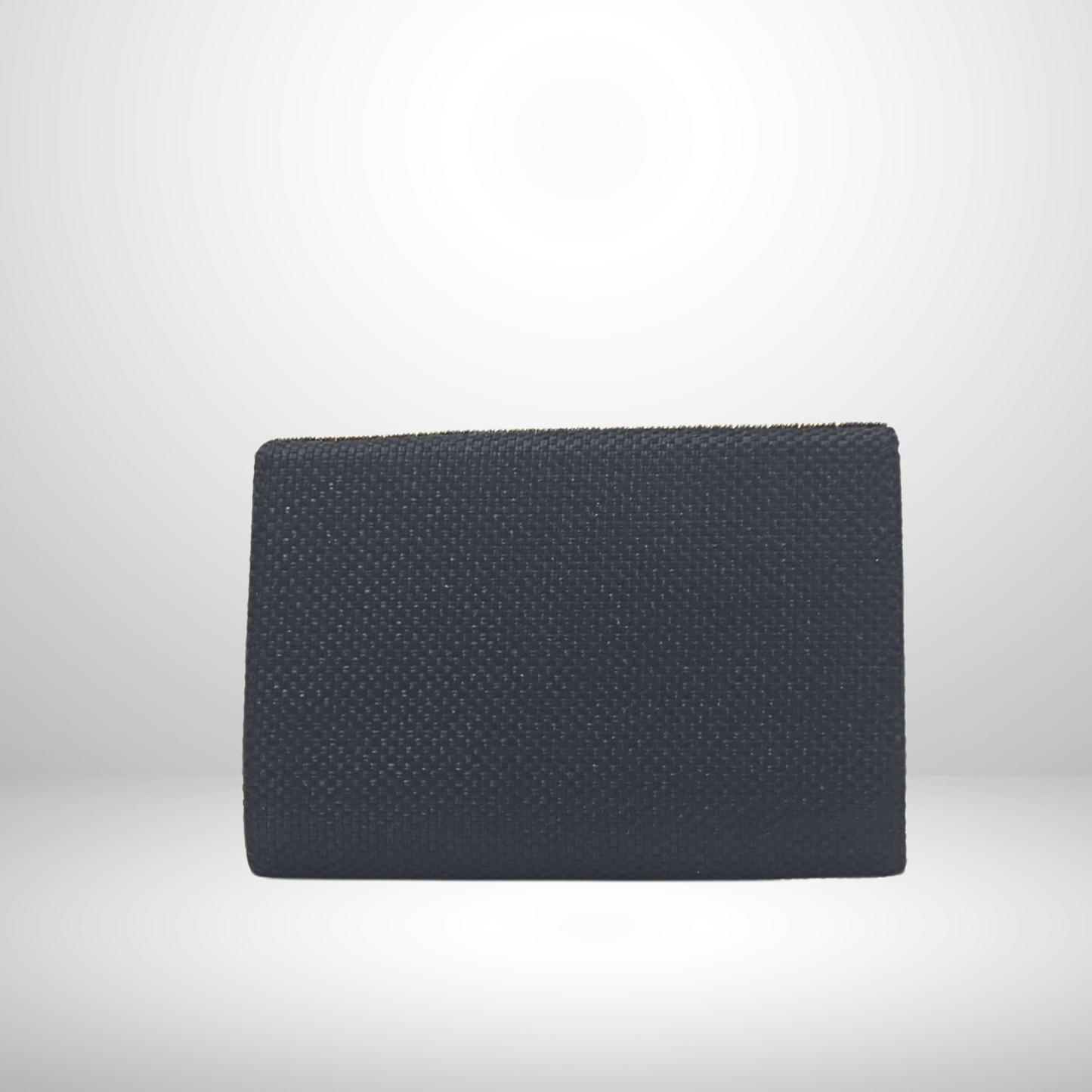 Black textured clutch bag on a light gray background