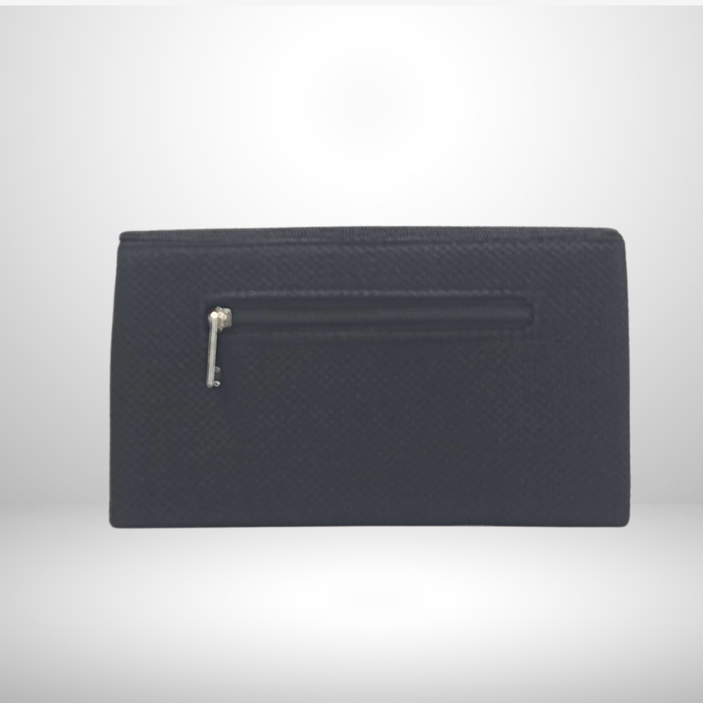 Black fabric bag with a zipper on a light gray background