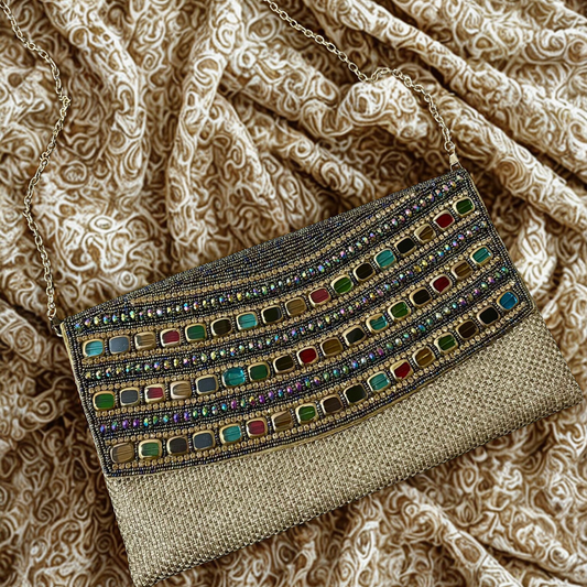 Gold Beaded Necklace Long Envelope Clutch