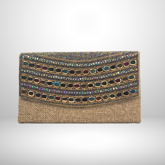 Gold Beaded Necklace Long Envelope Clutch