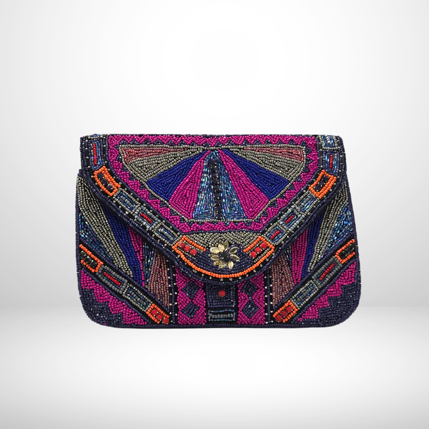 Black Multicolour Beaded Envelope Clutch