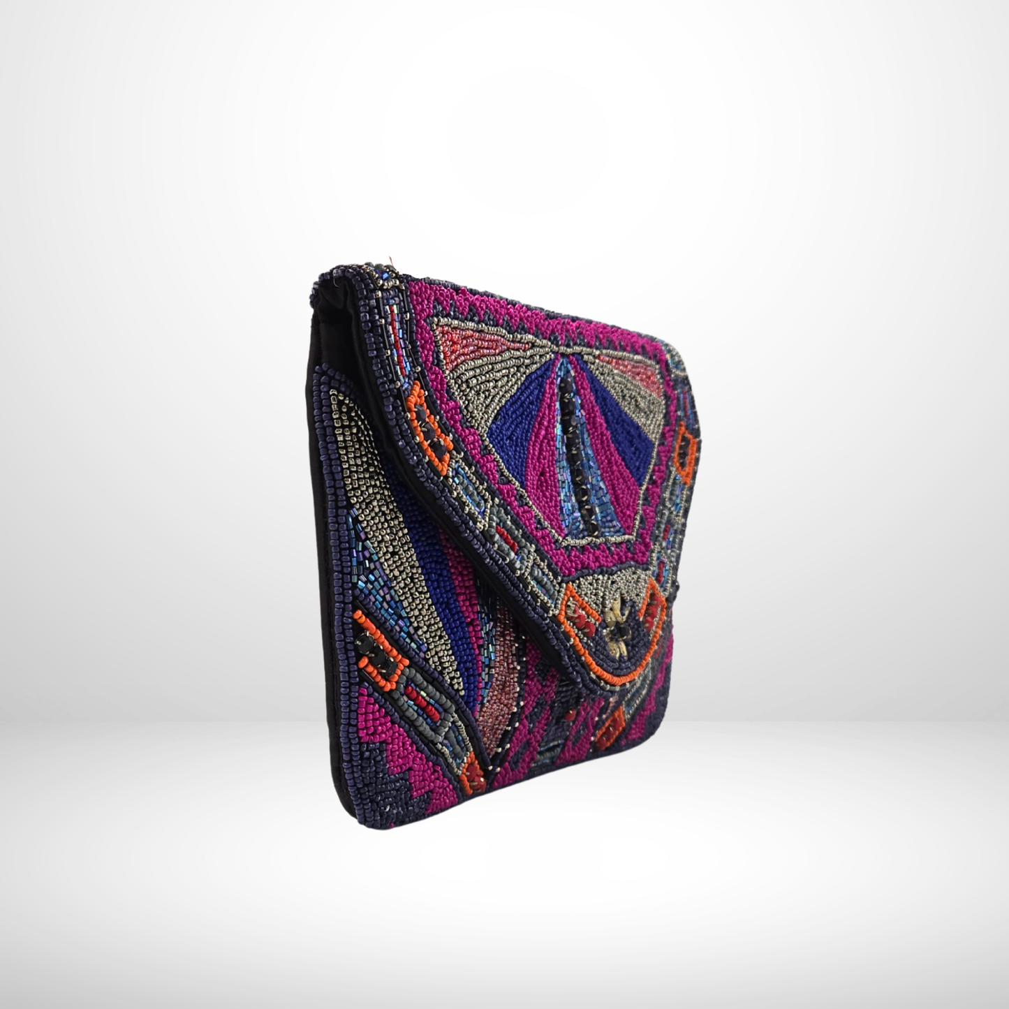 Black Multicolour Beaded Envelope Clutch