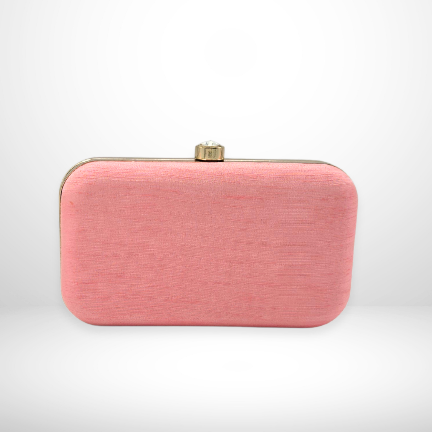 Pink clutch bag with a gold clasp on a white background
