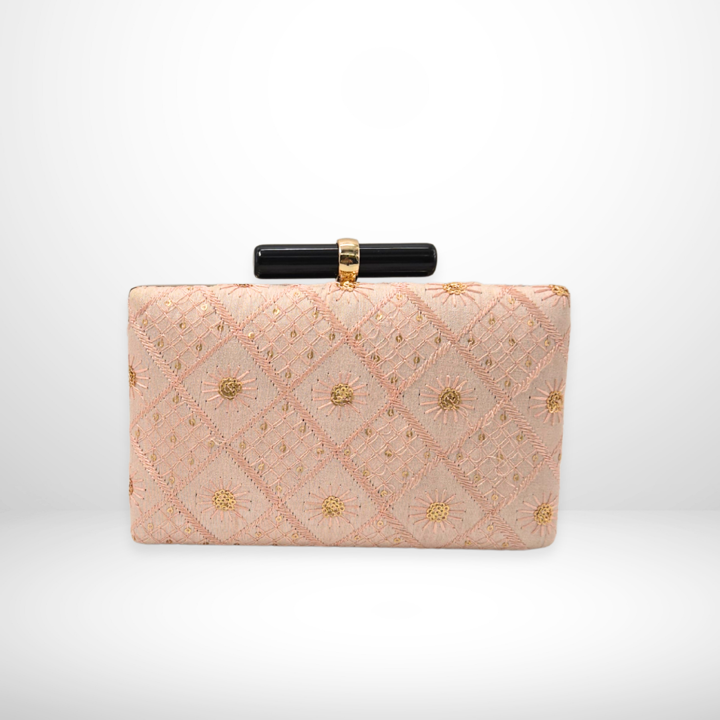Pink Embroidered Fabric Box Clutch
