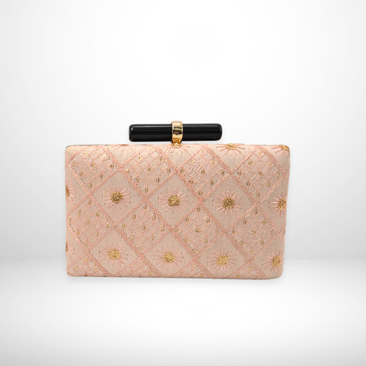 Pink Embroidered Fabric Box Clutch