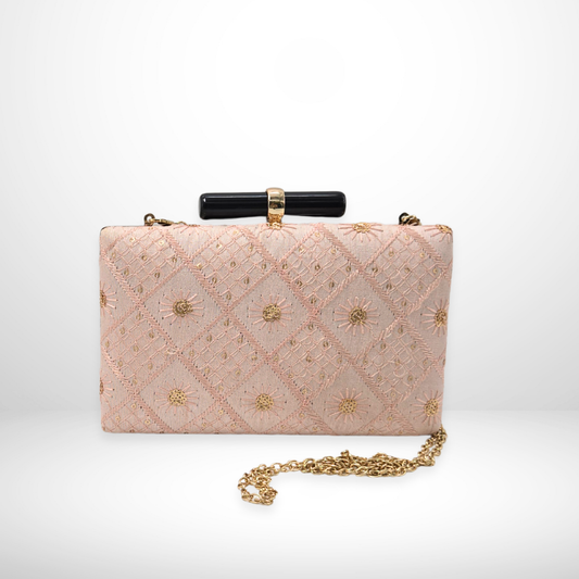 Pink Embroidered Fabric Box Clutch