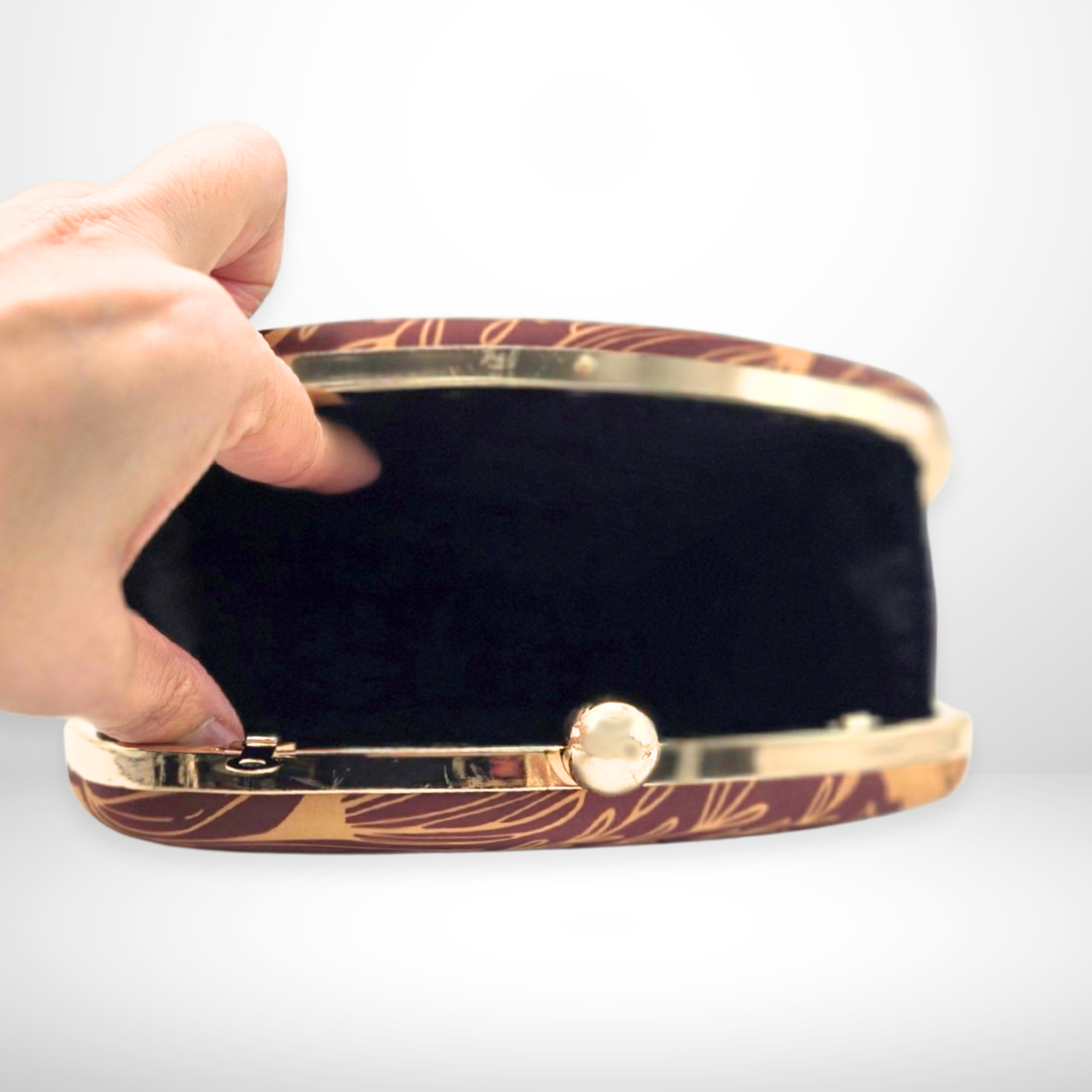 Brown fabric box clutch with gold henna-inspired floral print and gold hardware—perfect for parties, events and stylish evening outfits from InStyle Fashion HK.