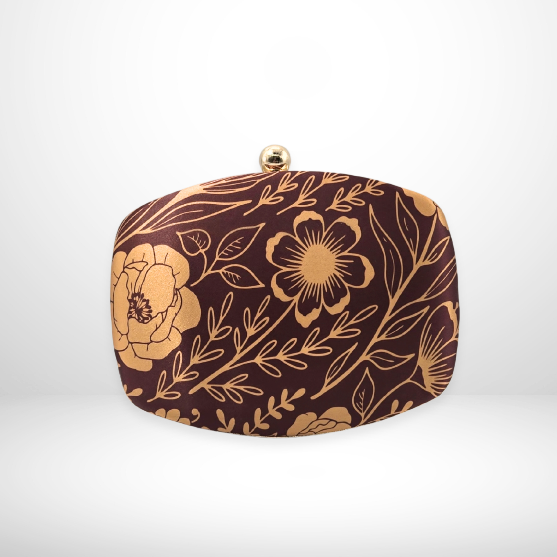 Brown fabric box clutch with gold henna-inspired floral print and gold hardware—perfect for parties, events and stylish evening outfits from InStyle Fashion HK.