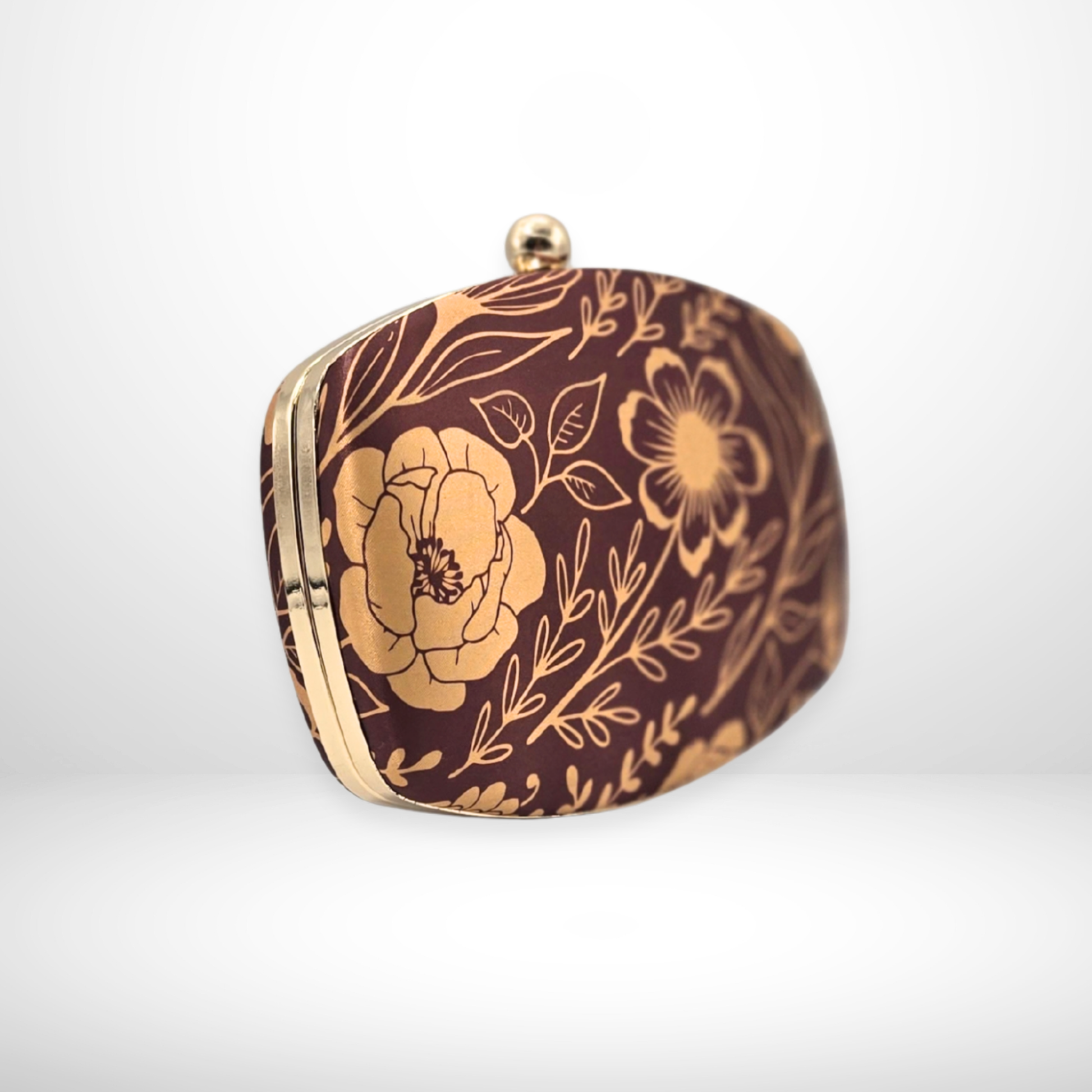 Brown fabric box clutch with gold henna-inspired floral print and gold hardware—perfect for parties, events and stylish evening outfits from InStyle Fashion HK.