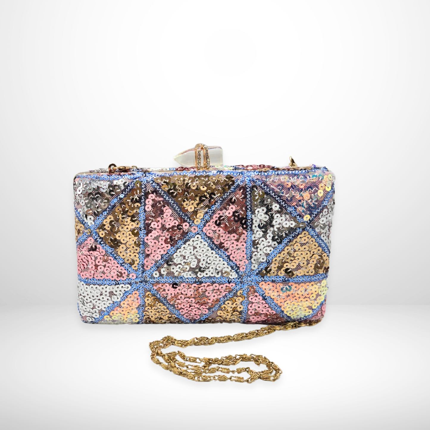pastel geometric sequin box clutch, featuring a gold chain strap and structured design, can fit smartphone and more - perfect for events.