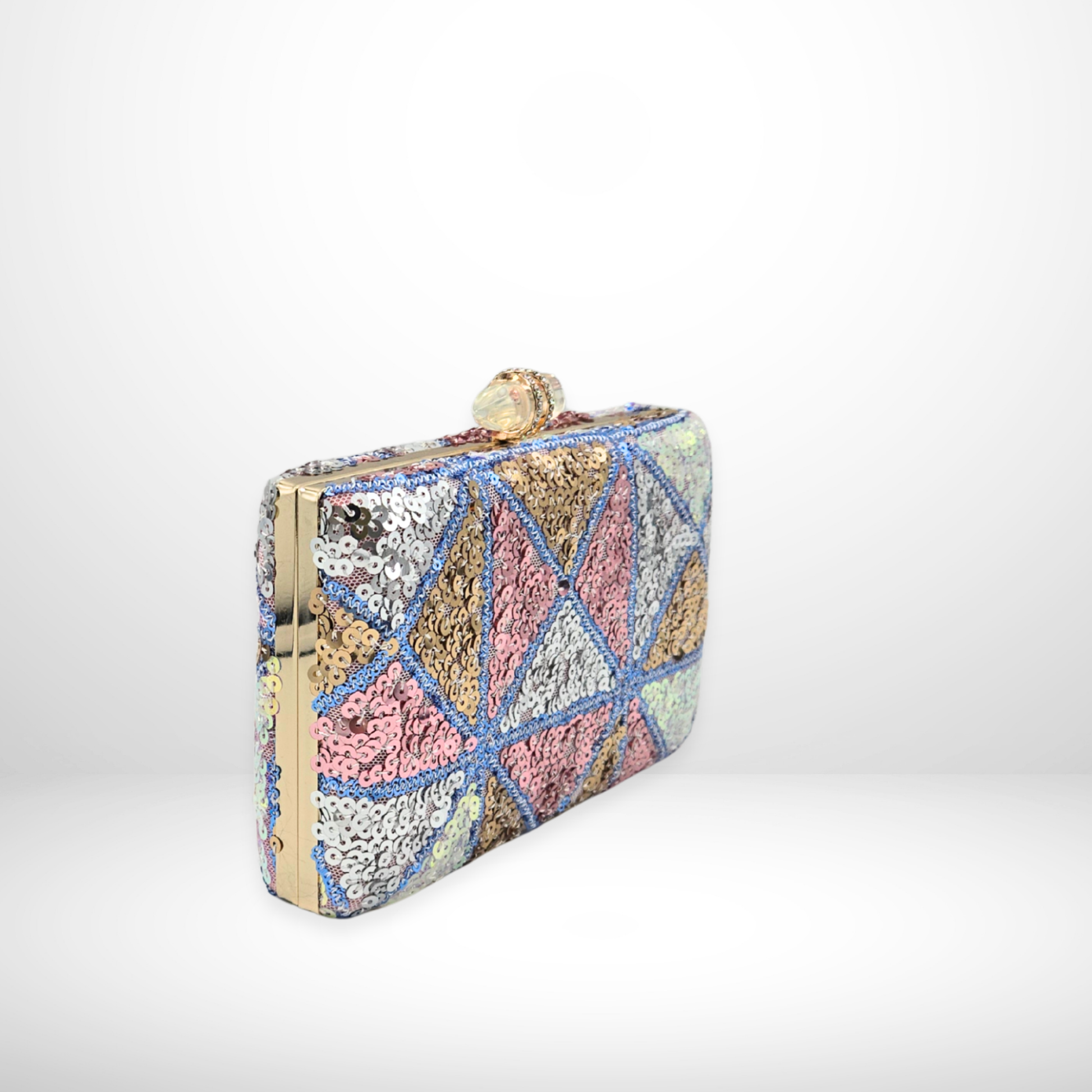 pastel geometric sequin box clutch, featuring a gold chain strap and structured design, can fit smartphone and more - perfect for events.