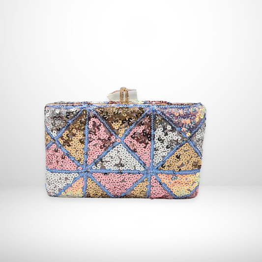 pastel geometric sequin box clutch, featuring a gold chain strap and structured design, can fit smartphone and more - perfect for events.