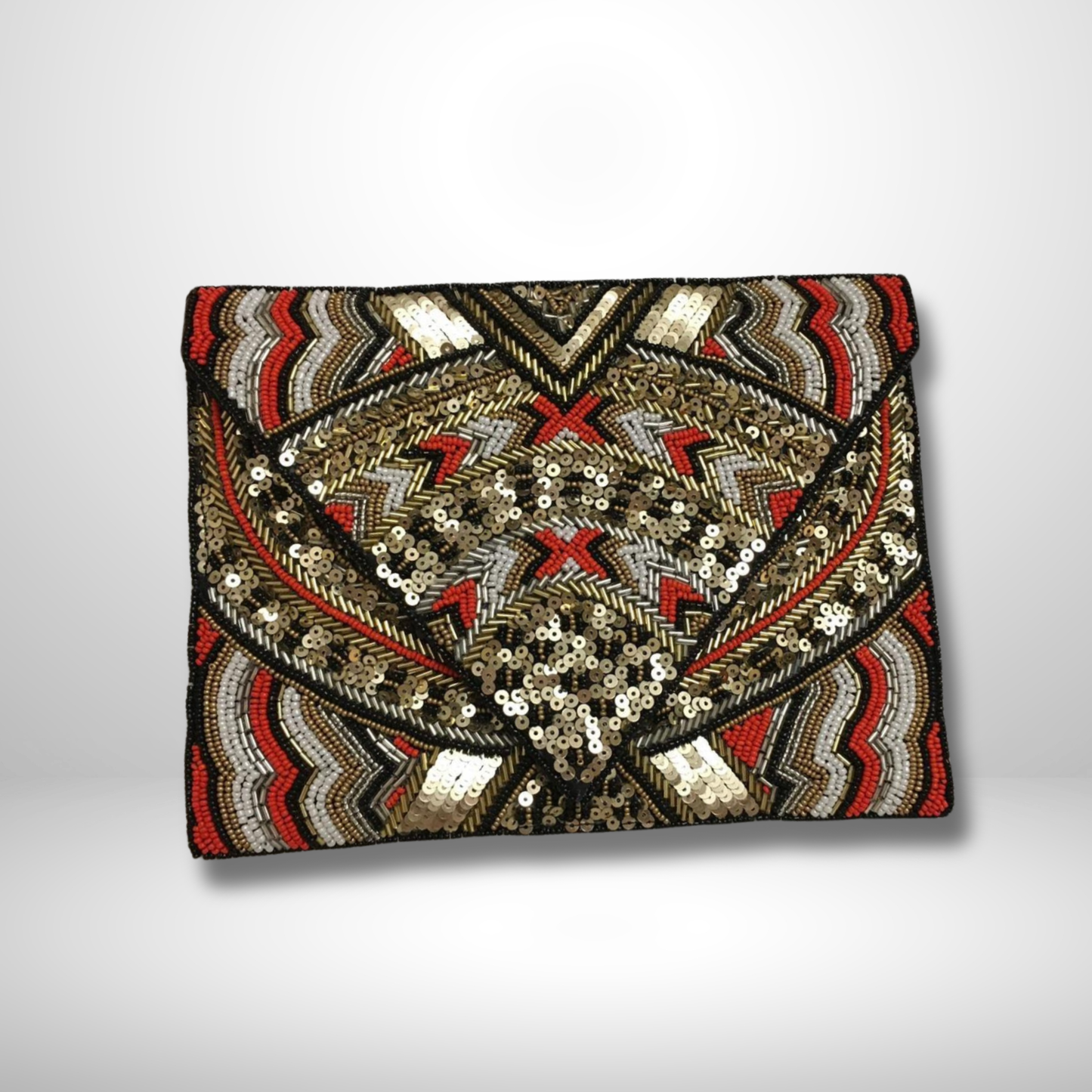 Black & Red Multicolour Beaded Envelope Clutch