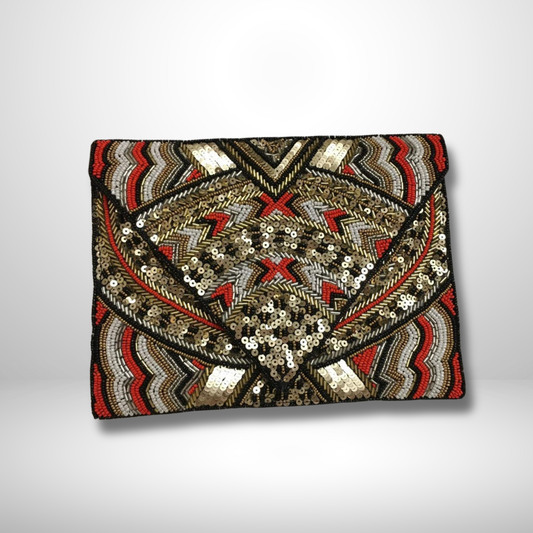 Black & Red Multicolour Beaded Envelope Clutch